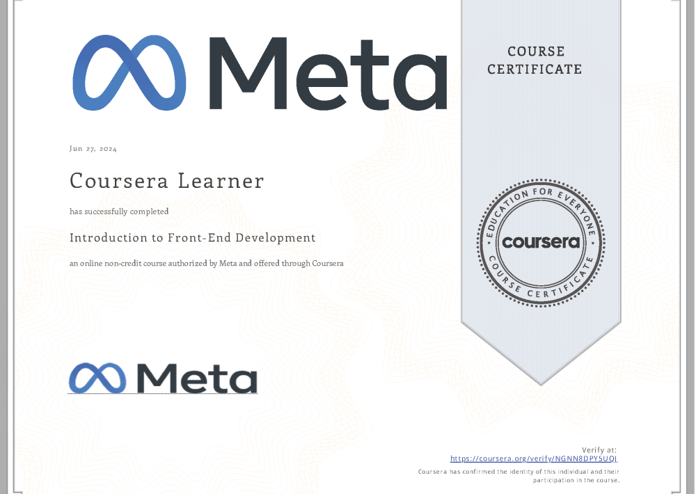 Course 1 Certificate